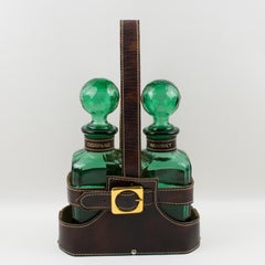 Barware Leather Case Tantalus with Whiskey and Cognac Decanters, circa 1960