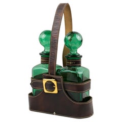 Barware Lederkoffer Tantalus mit Whiskey- und Cognac-Karaffen, um 1960