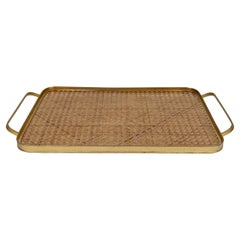 Barware Serviertablett Messing:: Lucite & Rattan Christian-Dior-Stil:: Italien:: 1970er Jahre