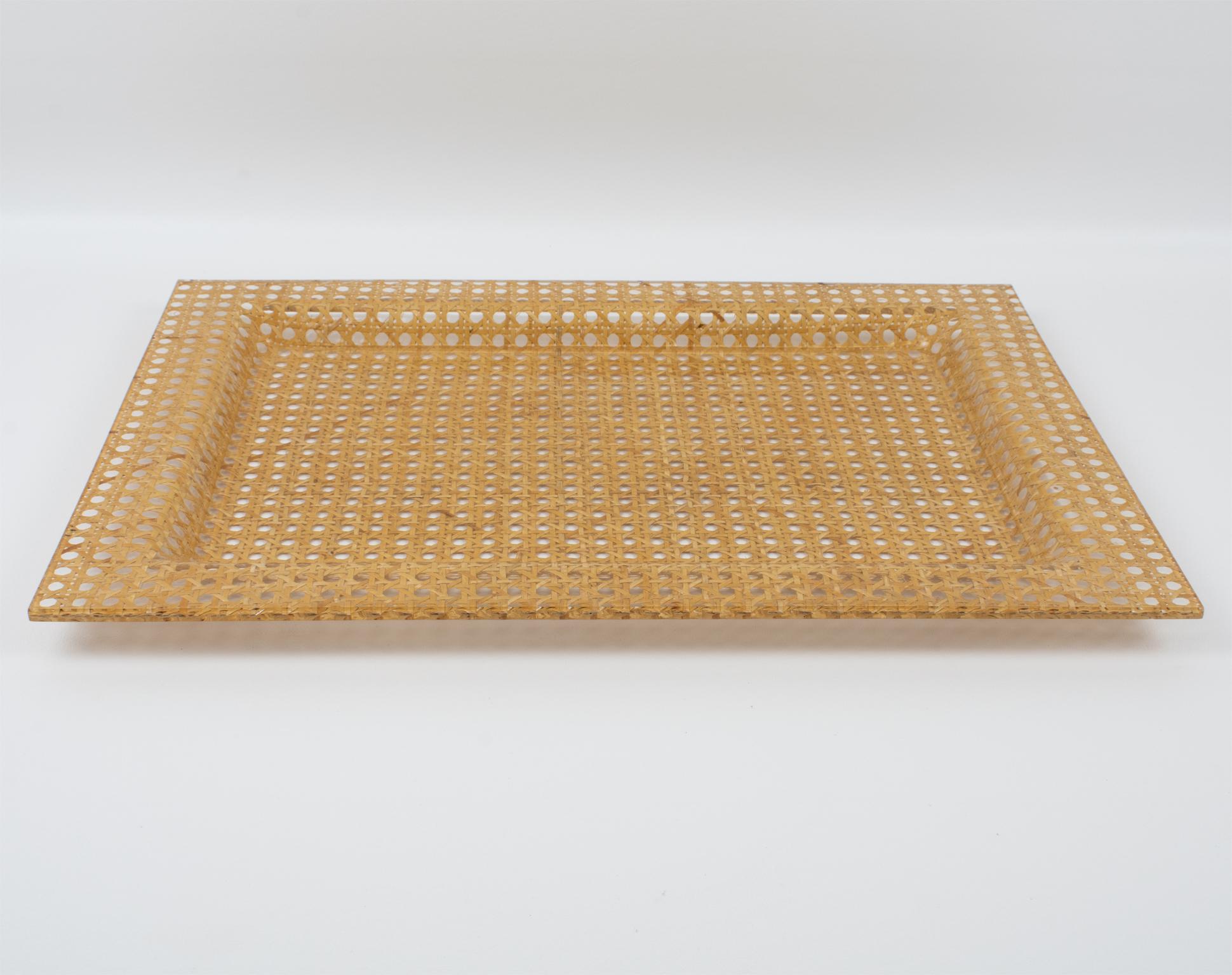 Italian Barware Serving Tray Lucite and Rattan, Italy 1970s For Sale