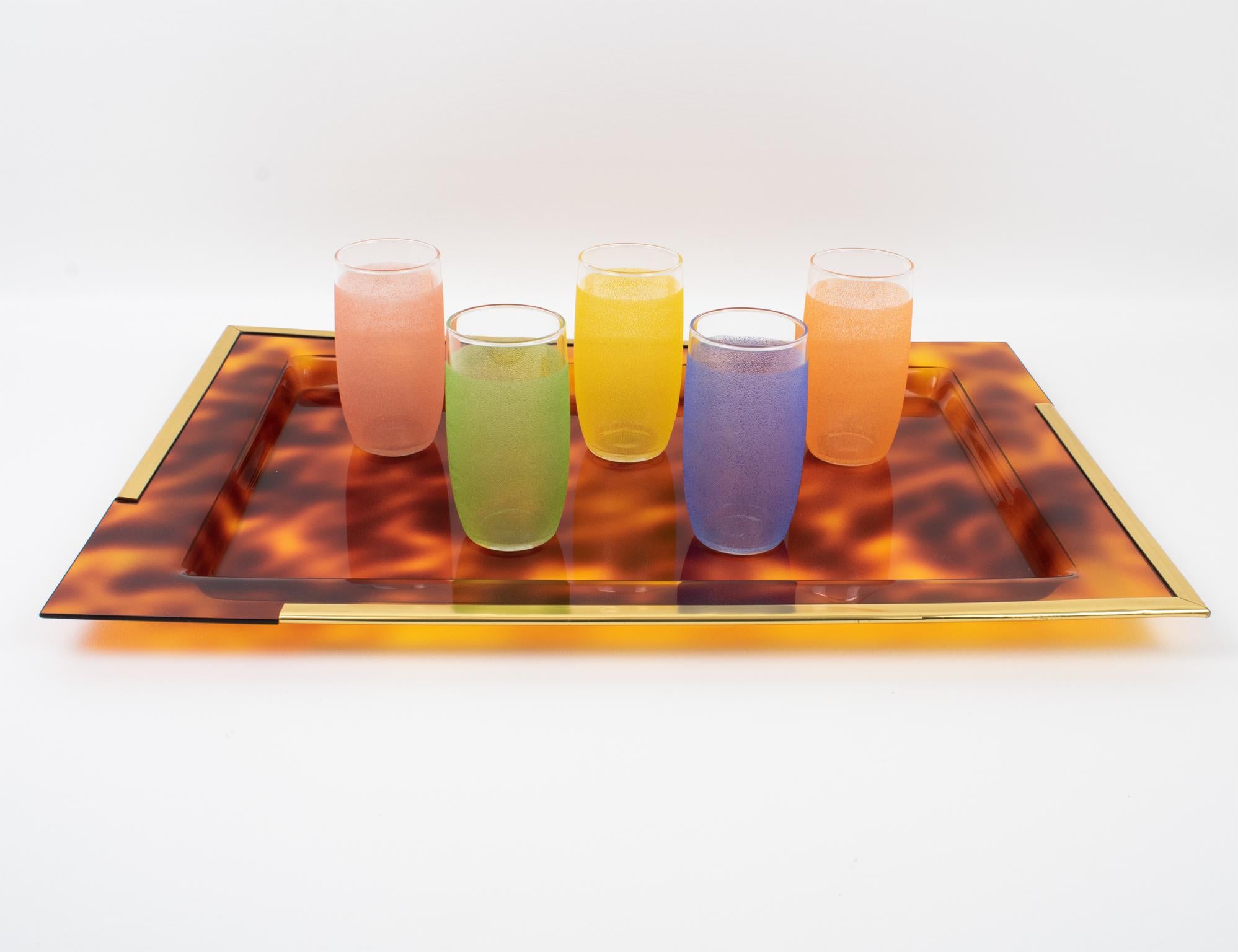 Mid-Century Modern Barware Serving Tray Tortoiseshell Lucite and Brass, Italy 1970s For Sale