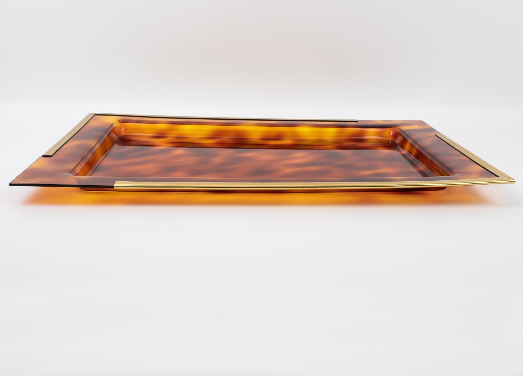 Italian Barware Serving Tray Tortoiseshell Lucite and Brass, Italy 1970s For Sale