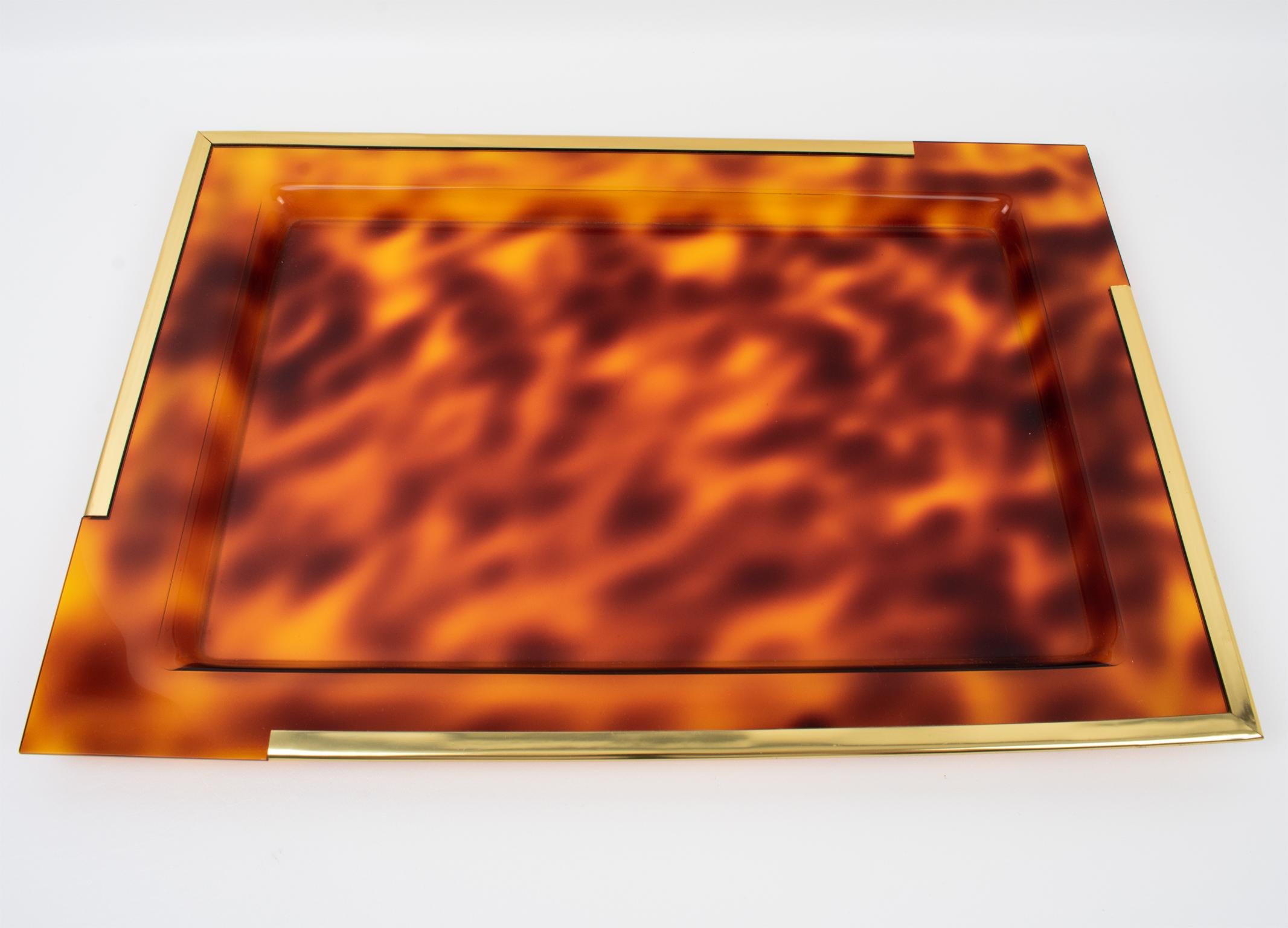 Barware Serving Tray Tortoiseshell Lucite and Brass, Italy 1970s In Excellent Condition For Sale In Atlanta, GA