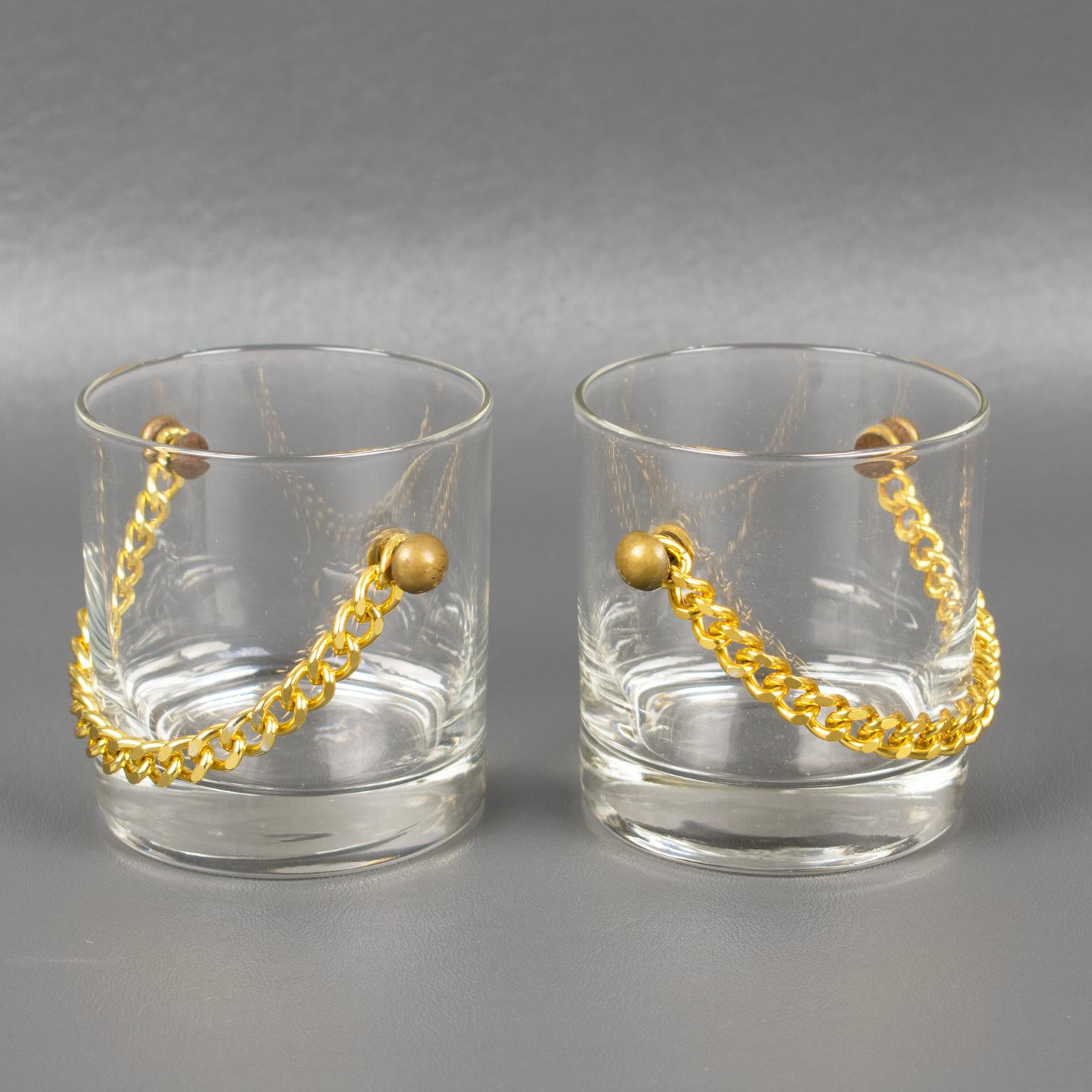 Barware Set Ice Bucket and Eight Cocktail Glasses with Gilt Aluminum Chain For Sale 3