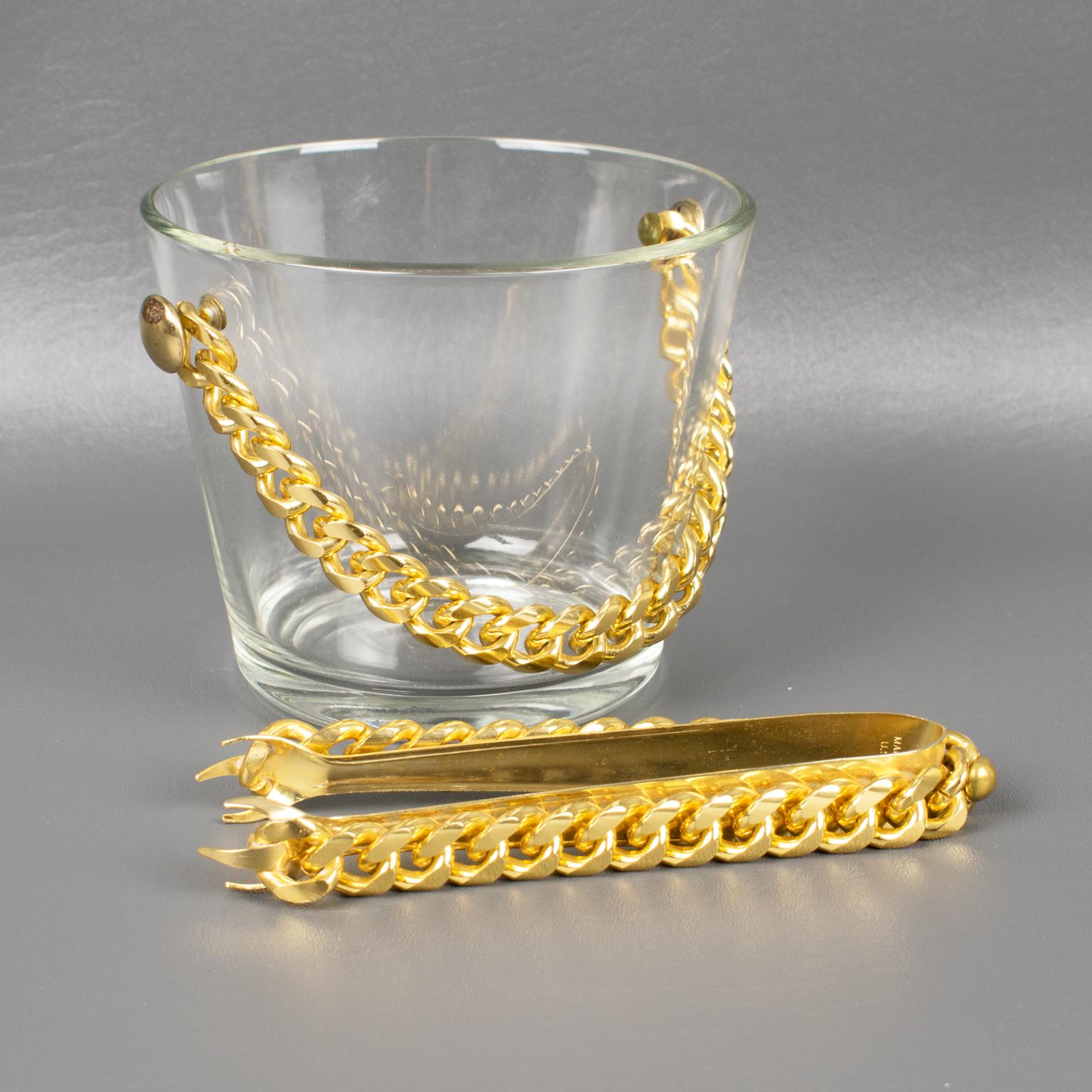 Barware Set Ice Bucket and Eight Cocktail Glasses with Gilt Aluminum Chain For Sale 4
