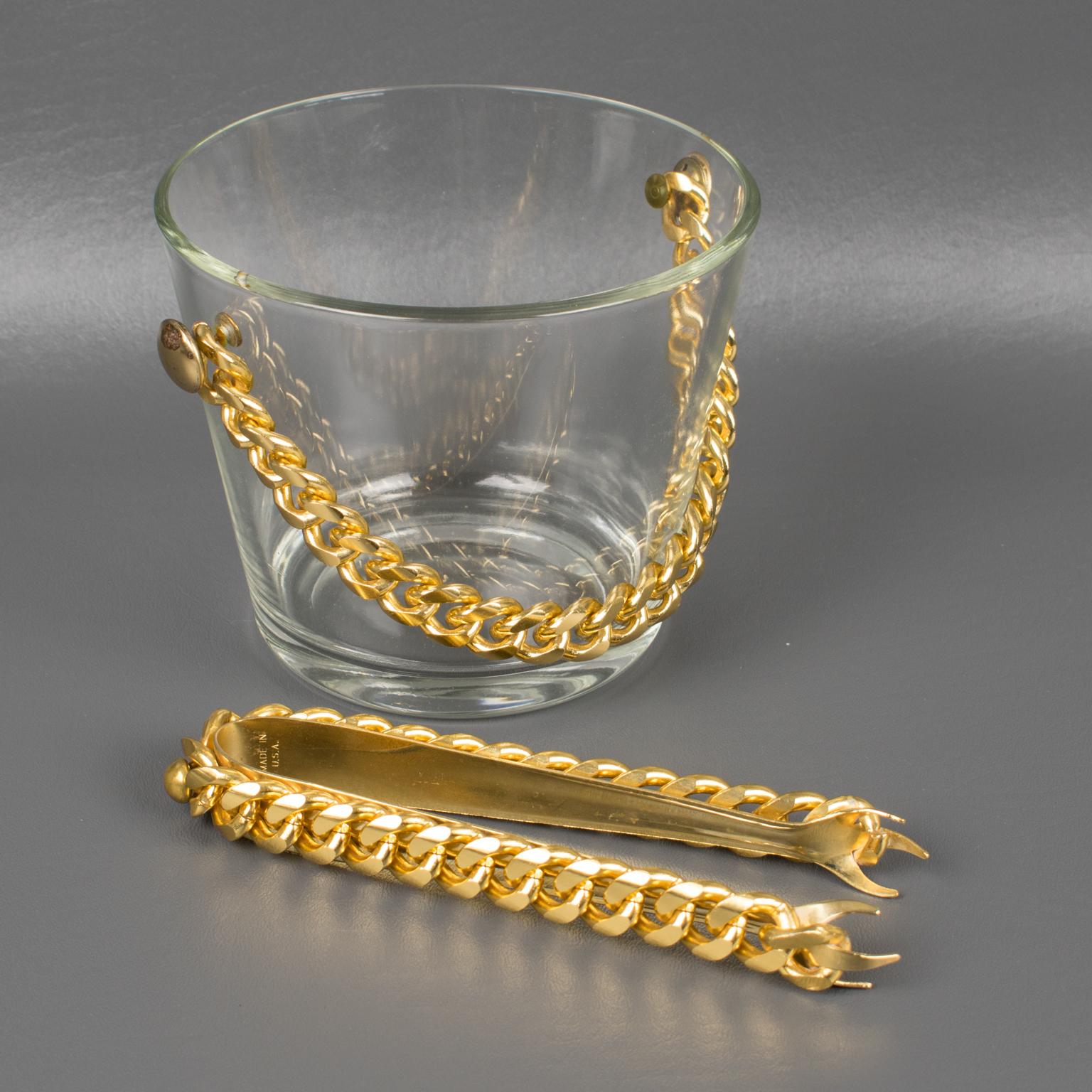 Barware Set Ice Bucket and Eight Cocktail Glasses with Gilt Aluminum Chain For Sale 5