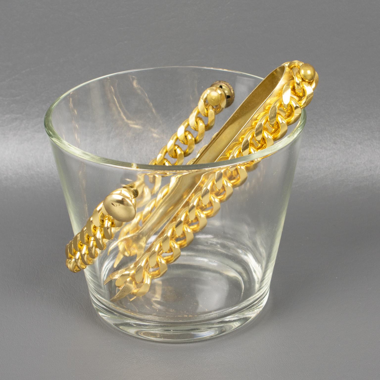 Barware Set Ice Bucket and Eight Cocktail Glasses with Gilt Aluminum Chain For Sale 6