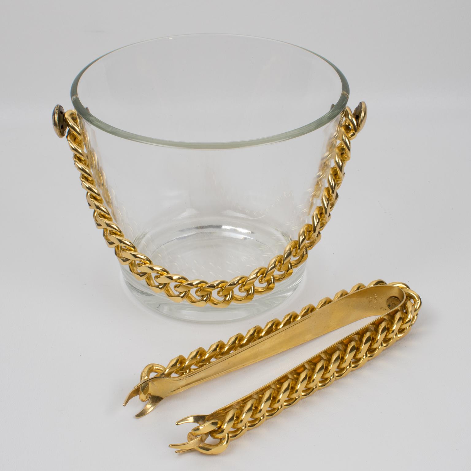 Barware Set Ice Bucket and Eight Cocktail Glasses with Gilt Aluminum Chain For Sale 8