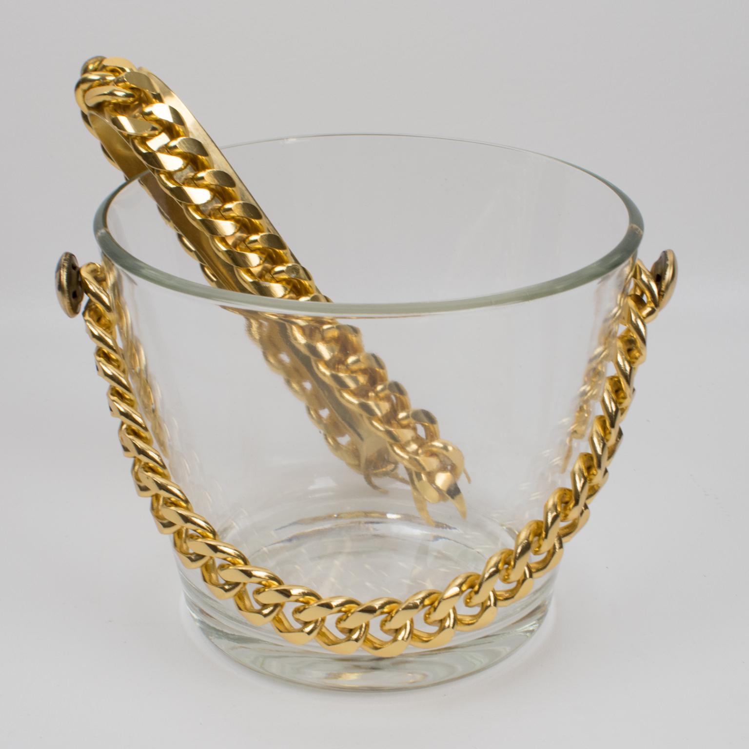 Barware Set Ice Bucket and Eight Cocktail Glasses with Gilt Aluminum Chain For Sale 12