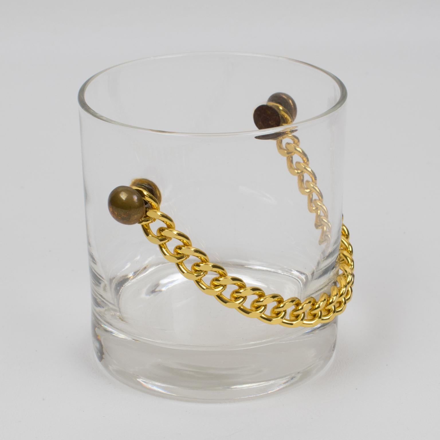Barware Set Ice Bucket and Eight Cocktail Glasses with Gilt Aluminum Chain For Sale 13