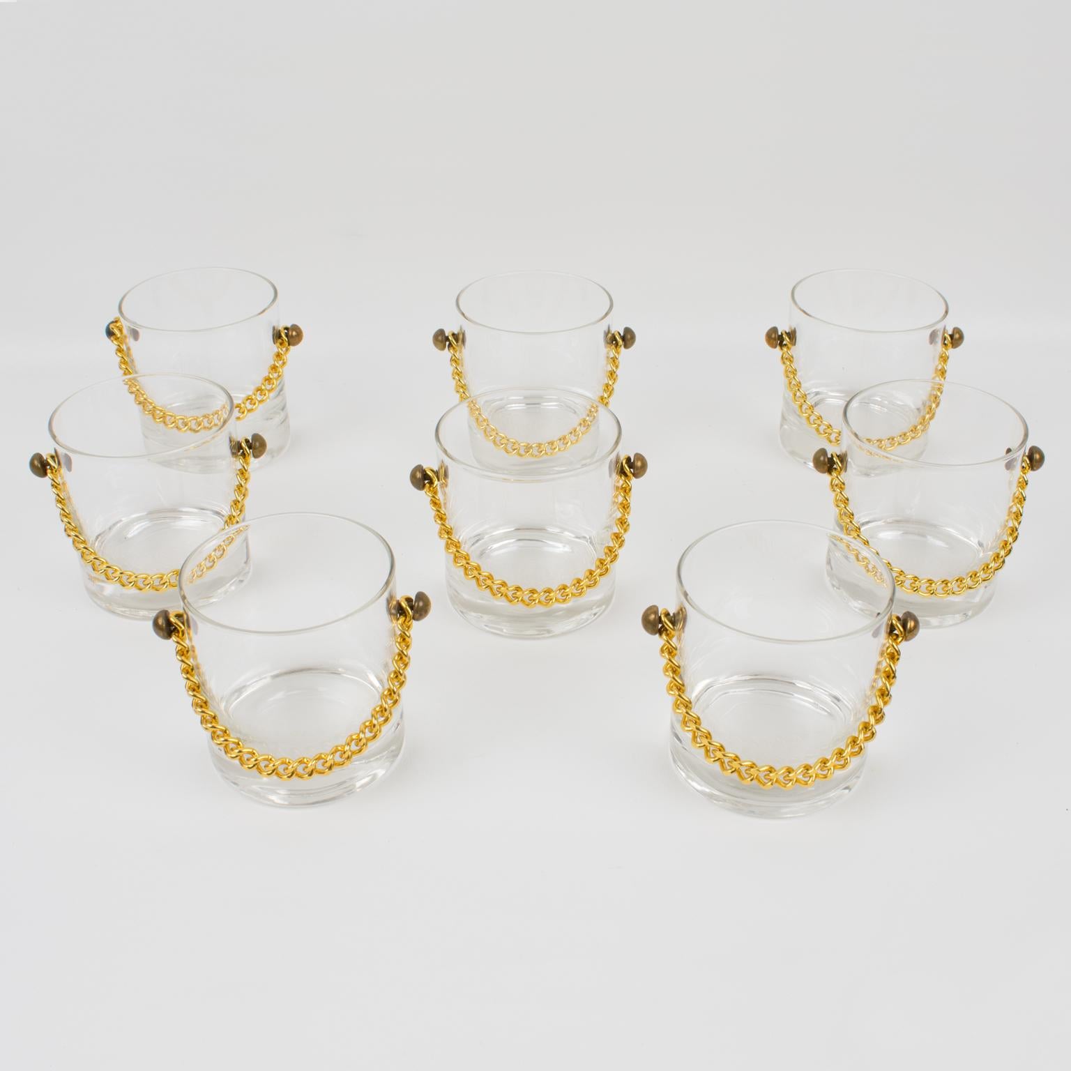 Barware Set Ice Bucket and Eight Cocktail Glasses with Gilt Aluminum Chain In Good Condition For Sale In Atlanta, GA