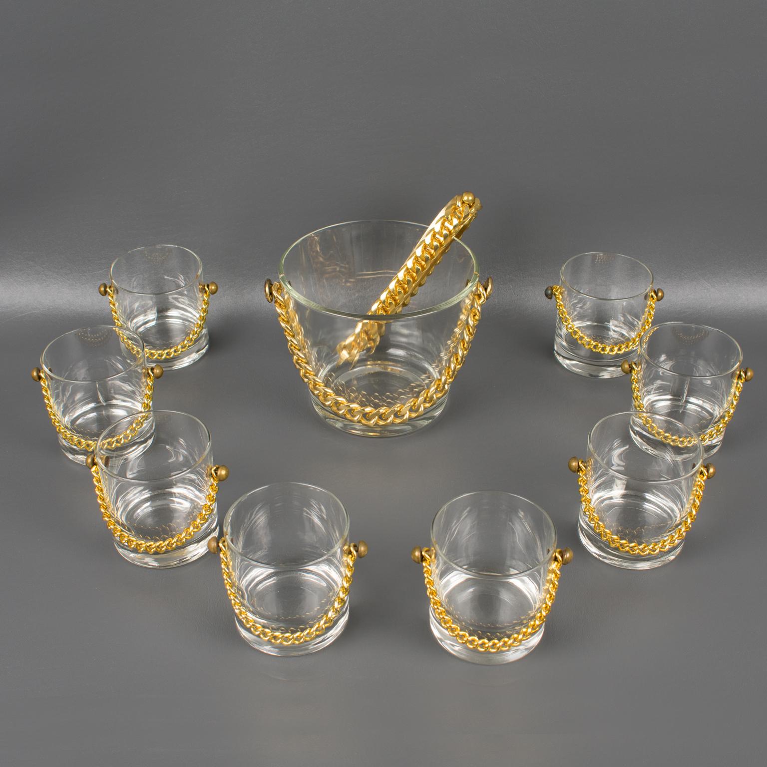 Metal Barware Set Ice Bucket and Eight Cocktail Glasses with Gilt Aluminum Chain For Sale