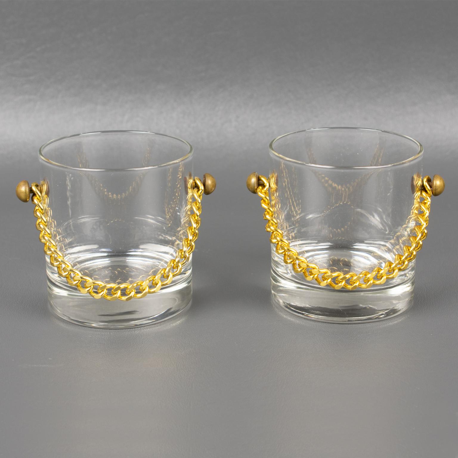 Barware Set Ice Bucket and Eight Cocktail Glasses with Gilt Aluminum Chain For Sale 1