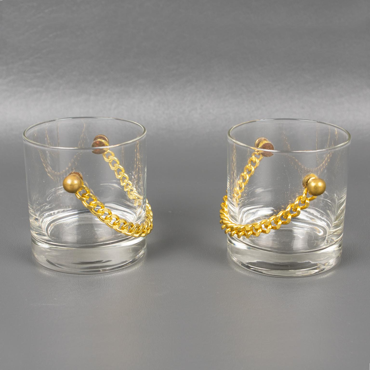 Barware Set Ice Bucket and Eight Cocktail Glasses with Gilt Aluminum Chain For Sale 2