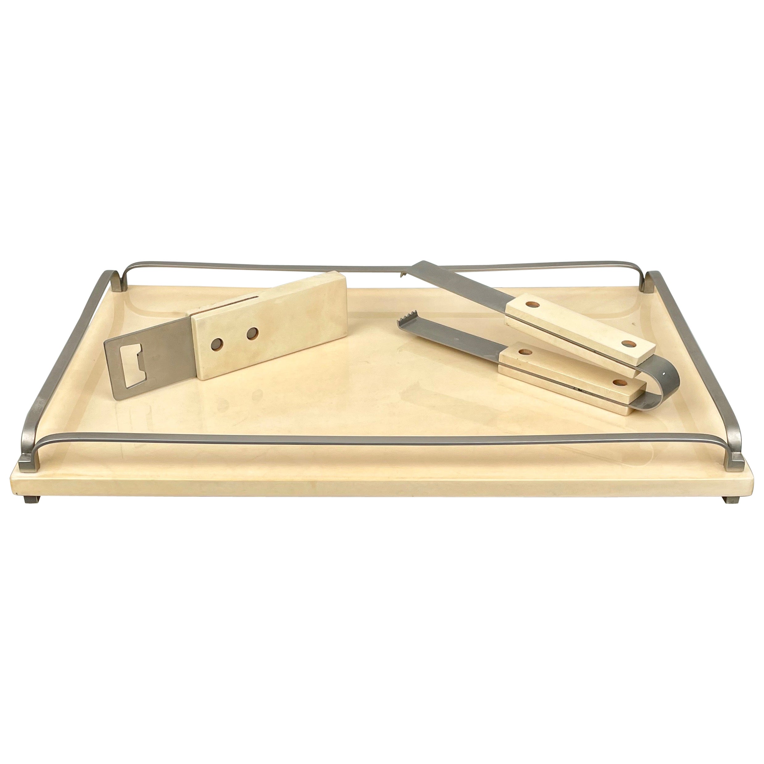Barware Set Tray, Tongs and Corkscrew in Goatskin & Steel by Aldo Tura, Italy