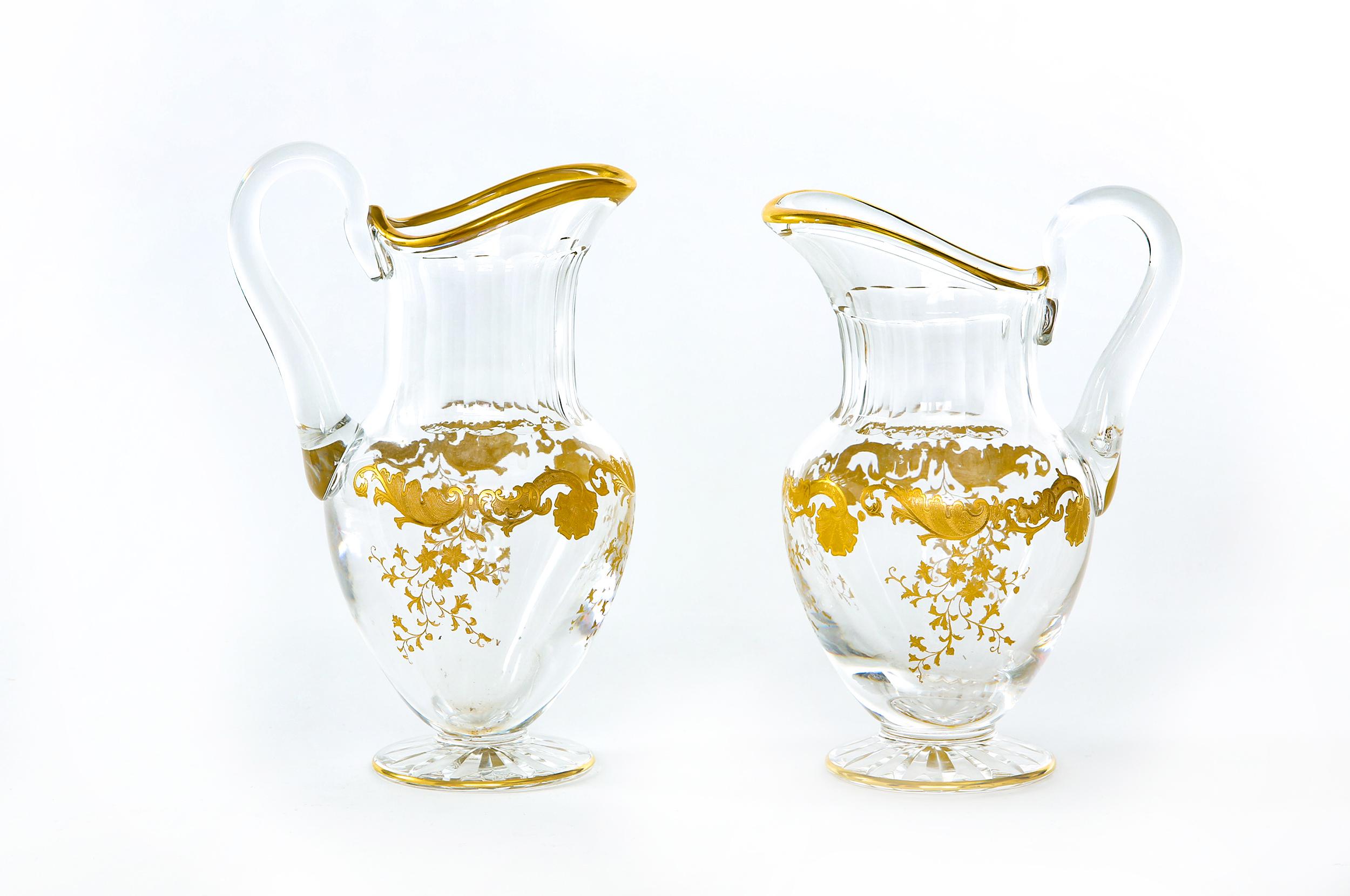Barware / Tableware Crystal / Gold Pair Pitchers In Good Condition In Tarry Town, NY