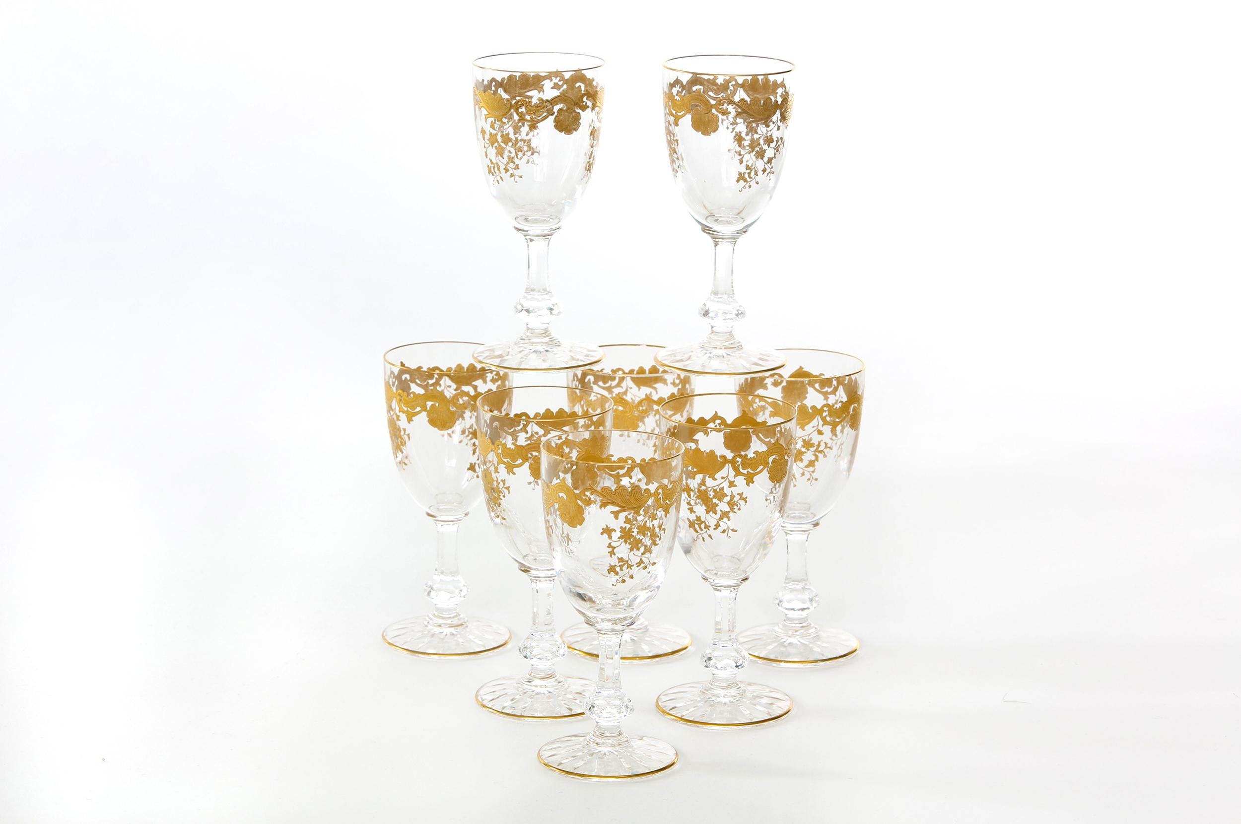 Mid-20th century Saint Louis crystal with gold design details tableware / barware wine service for ten people. Each one is in great condition. Maker's mark stamped undersigned. Each one stands about 5.7 inches tall x 2.5 inches diameter.