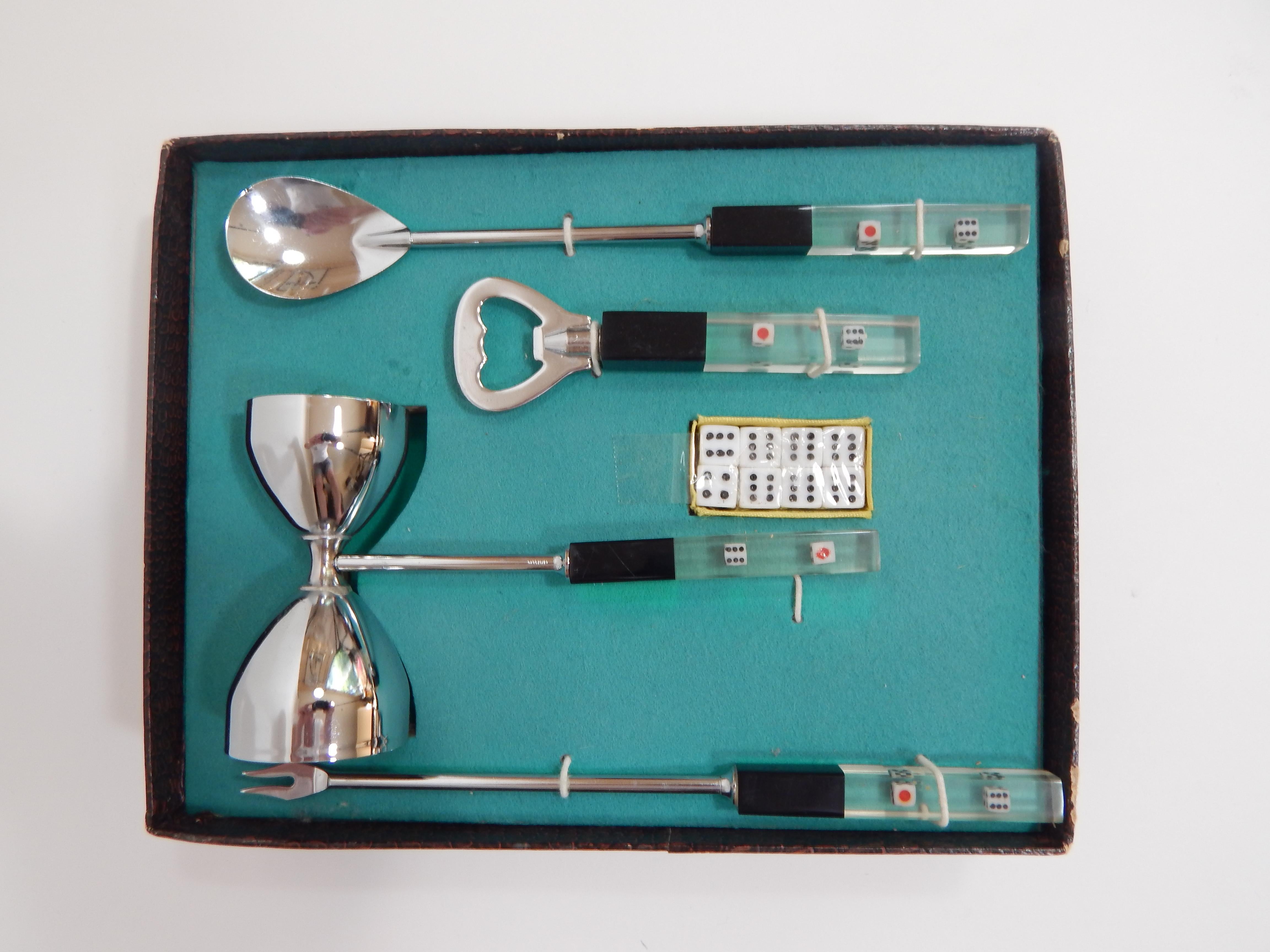 20th Century Barware Utensil Set Lucite with Dice, 1950s  For Sale