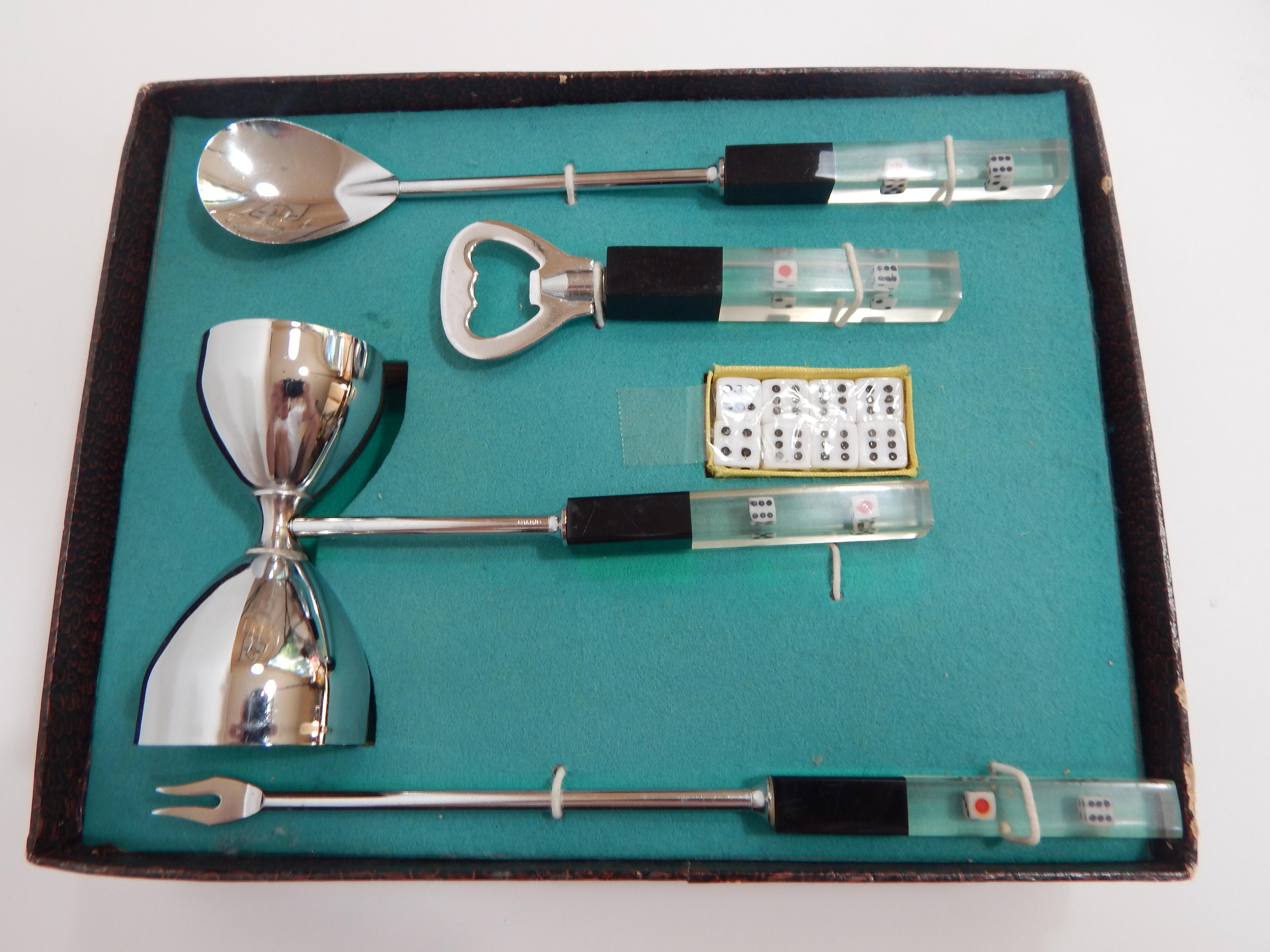 Chrome Barware Utensil Set Lucite with Dice, 1950s  For Sale