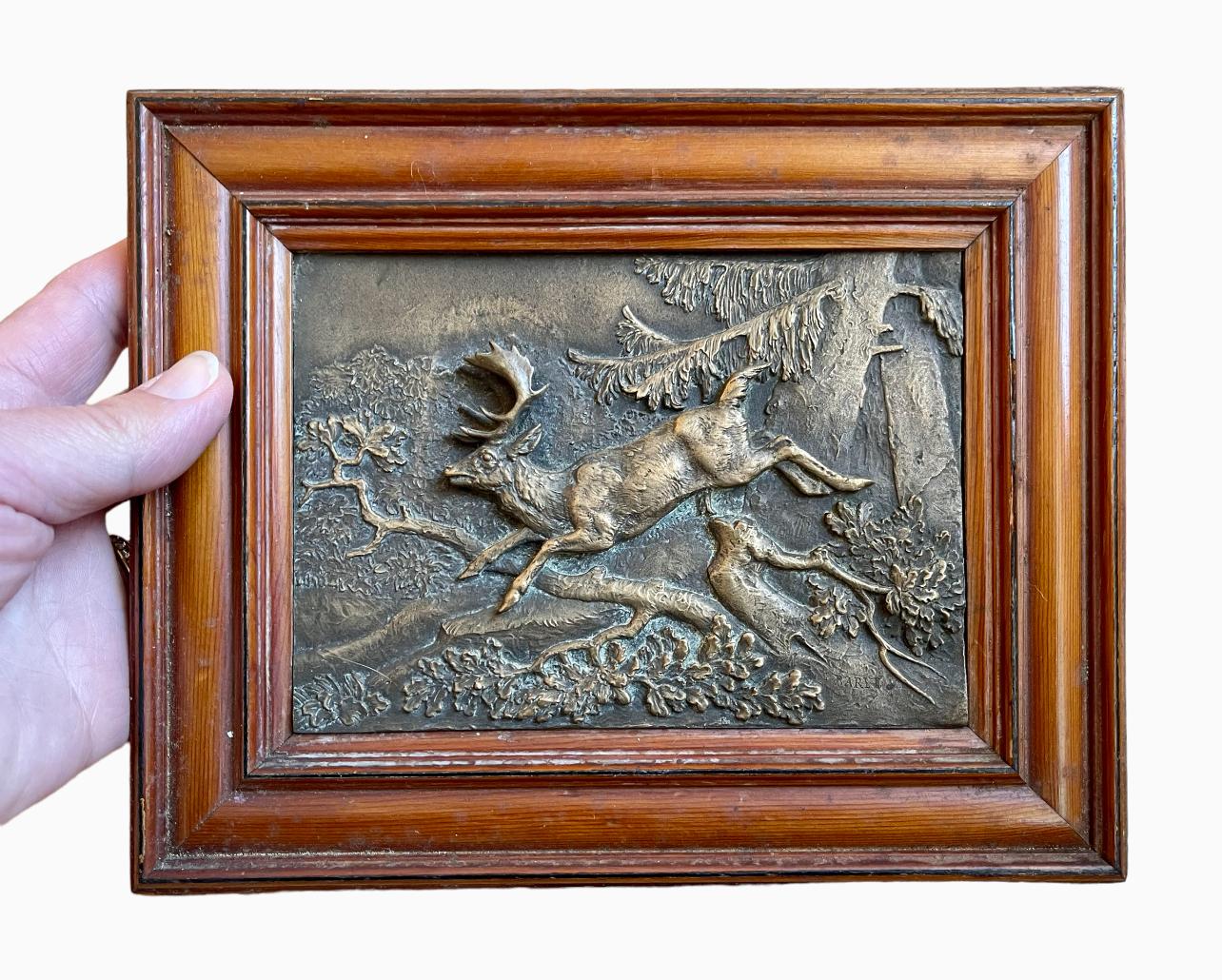 19th Century Barye - White-tailed Deer, Bronze Bas Relief, XIXth century For Sale