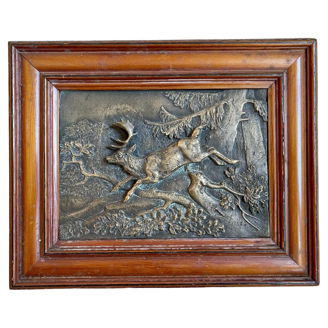 Barye - White-tailed Deer, Bronze Bas Relief, XIXth century For Sale
