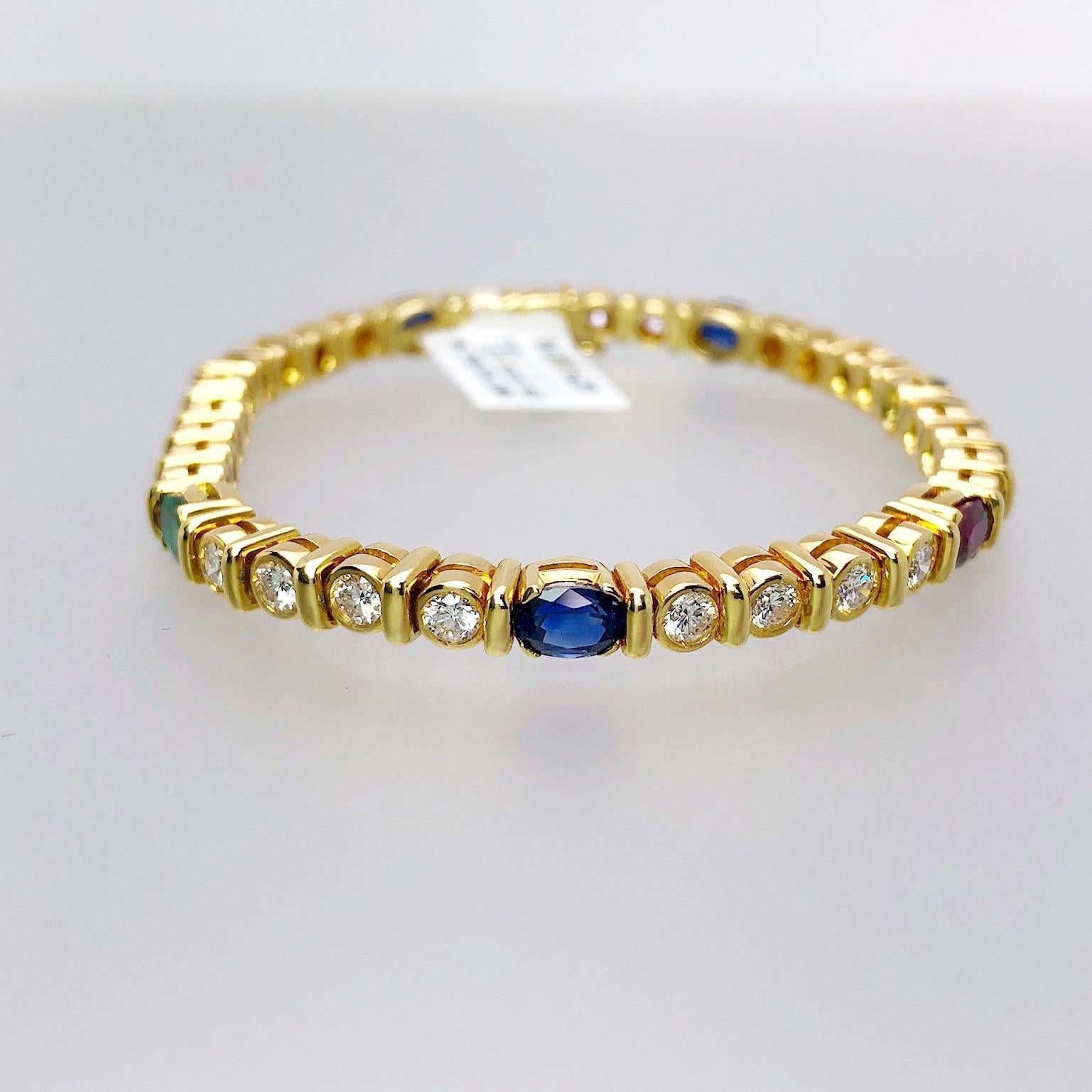 Contemporary Barzizza 18KT Yellow Gold Bracelet with Diamonds, Rubies, Emeralds and Sapphires For Sale