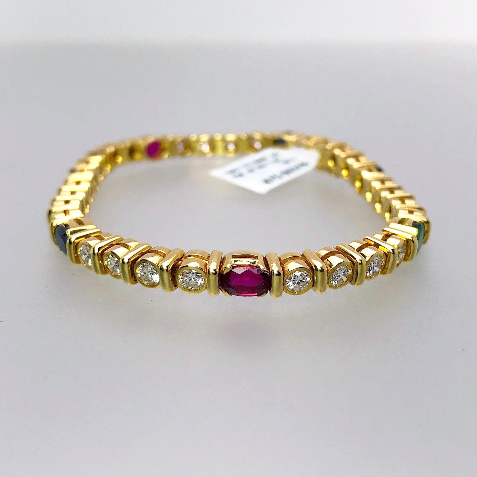 Oval Cut Barzizza 18KT Yellow Gold Bracelet with Diamonds, Rubies, Emeralds and Sapphires For Sale