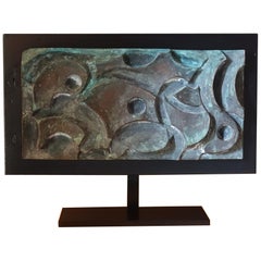 Bas-Relief Bronze Abstract Sculpture on Wood and Steel Base, Belgium, 1960s