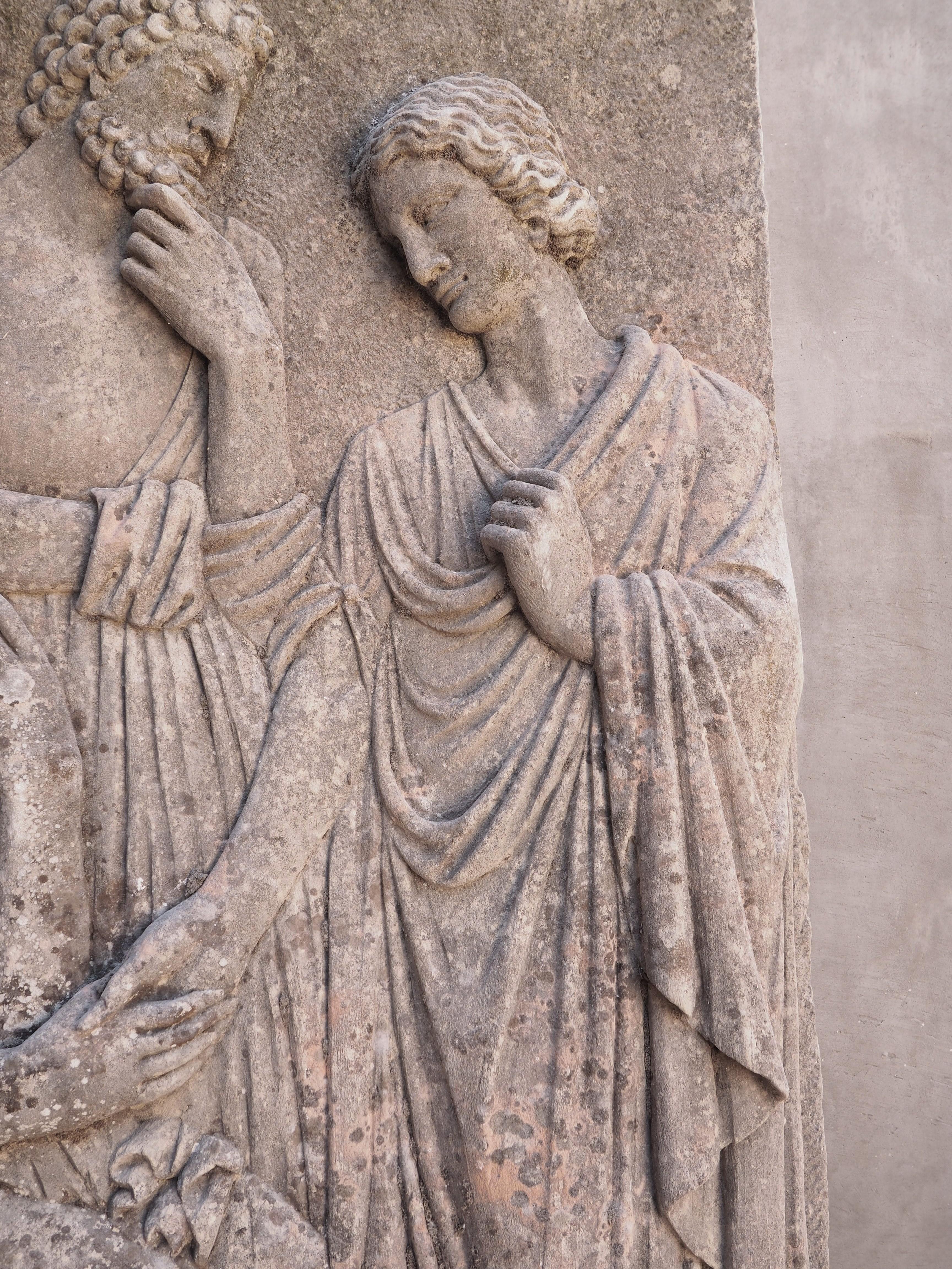 Contemporary Bas Relief Carved Limestone Plaque Depicting Classical Figures