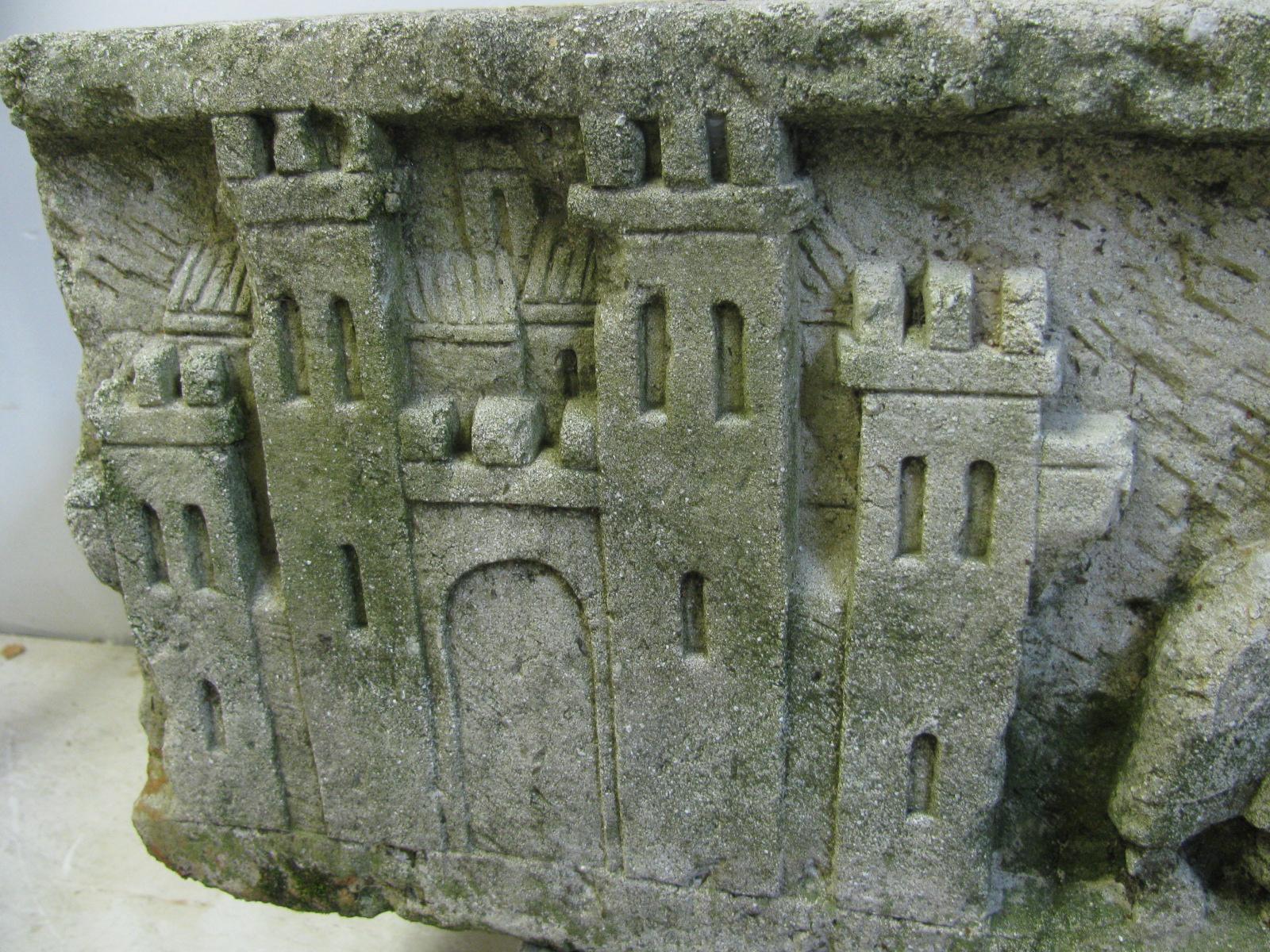 Bas Relief Cast Stone Oblong Planter with Castle and Crusaders In Good Condition In Port Jervis, NY