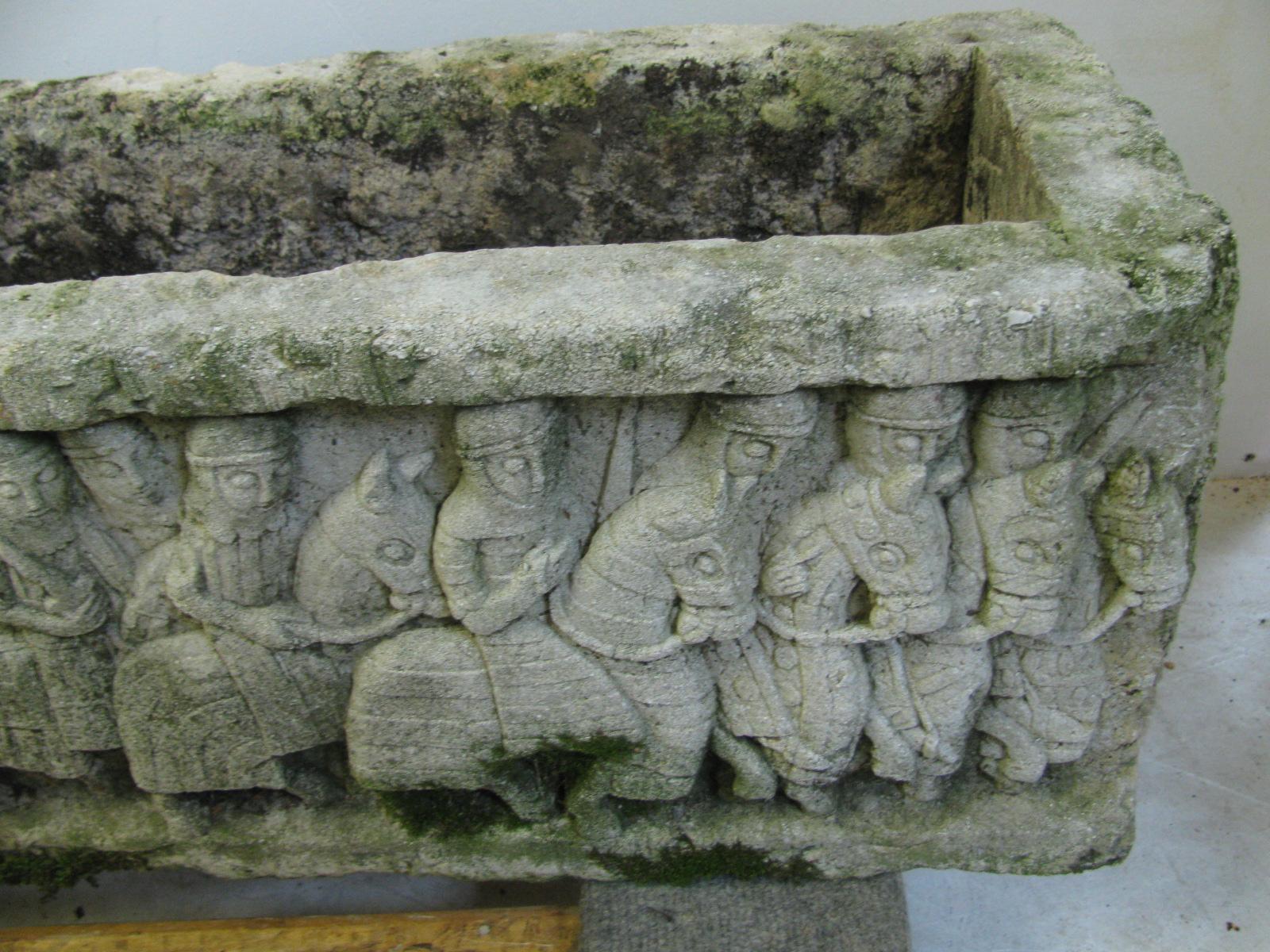 Bas Relief Cast Stone Oblong Planter with Castle and Crusaders 1