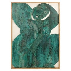 Bas-relief panel “Les Jumeaux” (The Twins) in weathered wood. Contemporary