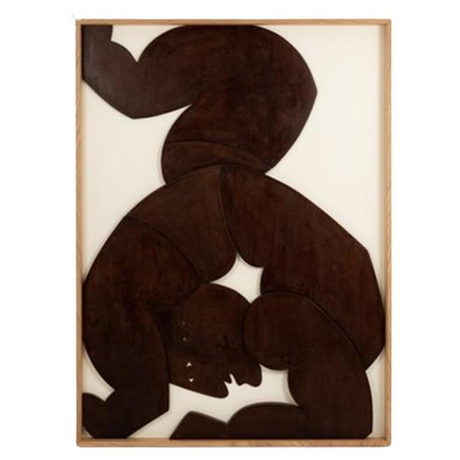 Bas-relief panel “Les Jumeaux” (The Twins) in weathered wood. Contemporary.