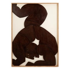 Bas-relief panel “Les Jumeaux” (The Twins) in weathered wood. Contemporary.