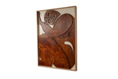 Bas-relief panel “Sortez du cadre !” in weathered wood. Contemporary.