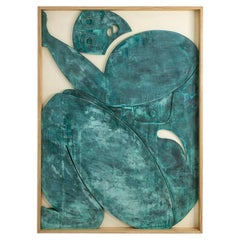 Bas-relief panel “Sortez du cadre !” in wood and oxidized copper.