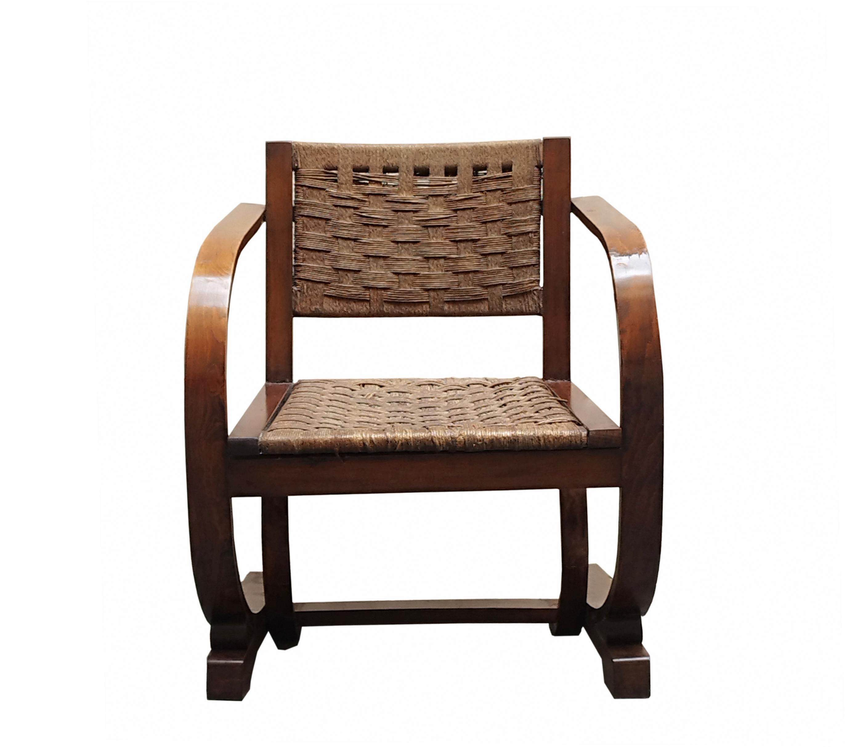 Rare Art Deco armchair, wooden frame with original rope back and seat, produced in the Netherlands around 1950. This armchair was designed by Bas Van Pelt and produced in the Netherlands. The curved frame is made of oak. The double curved wooden