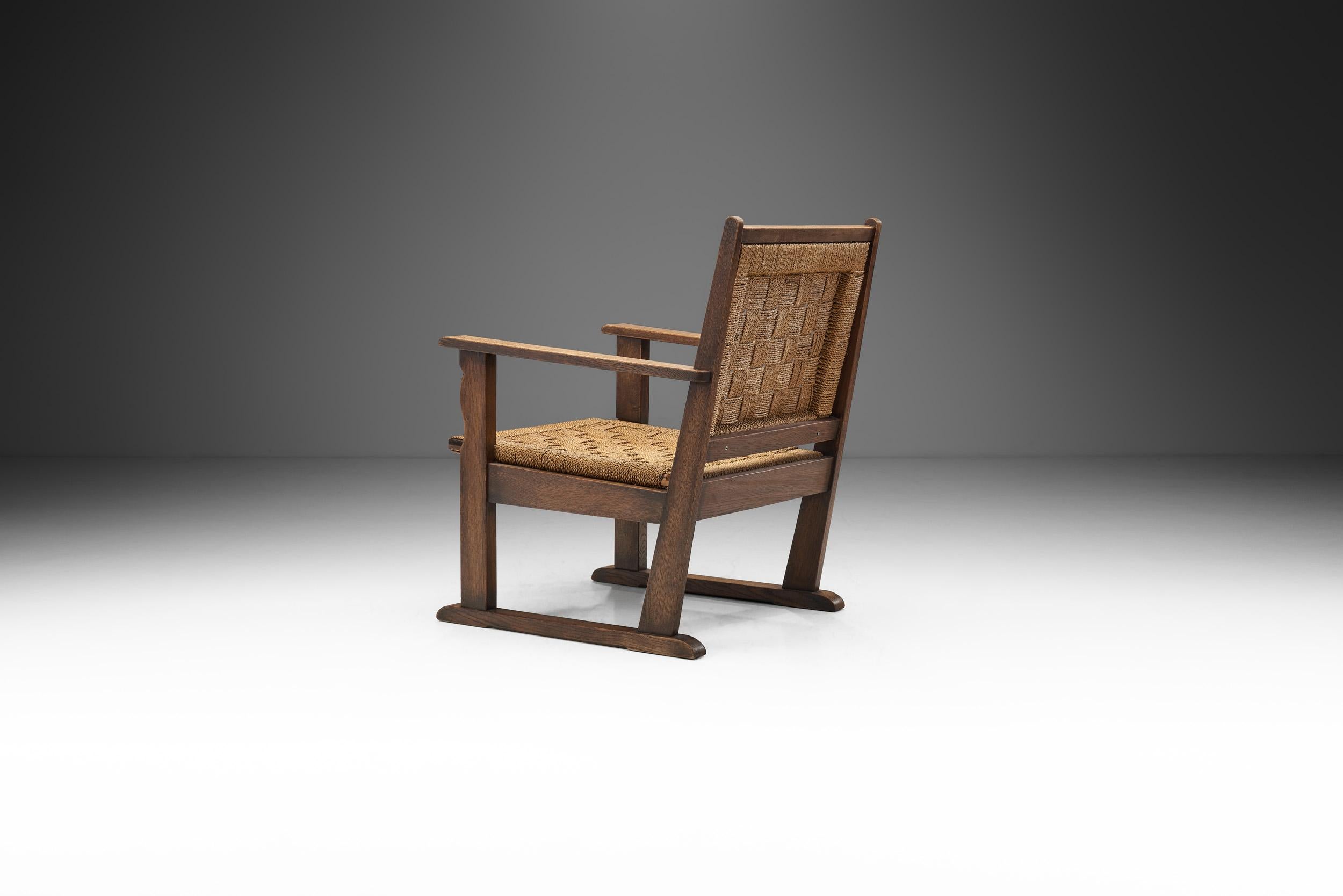 Bas Van Pelt 'Attr.' Armchair with Woven Rush Seat and Back, Netherlands, 1940s In Good Condition In Utrecht, NL