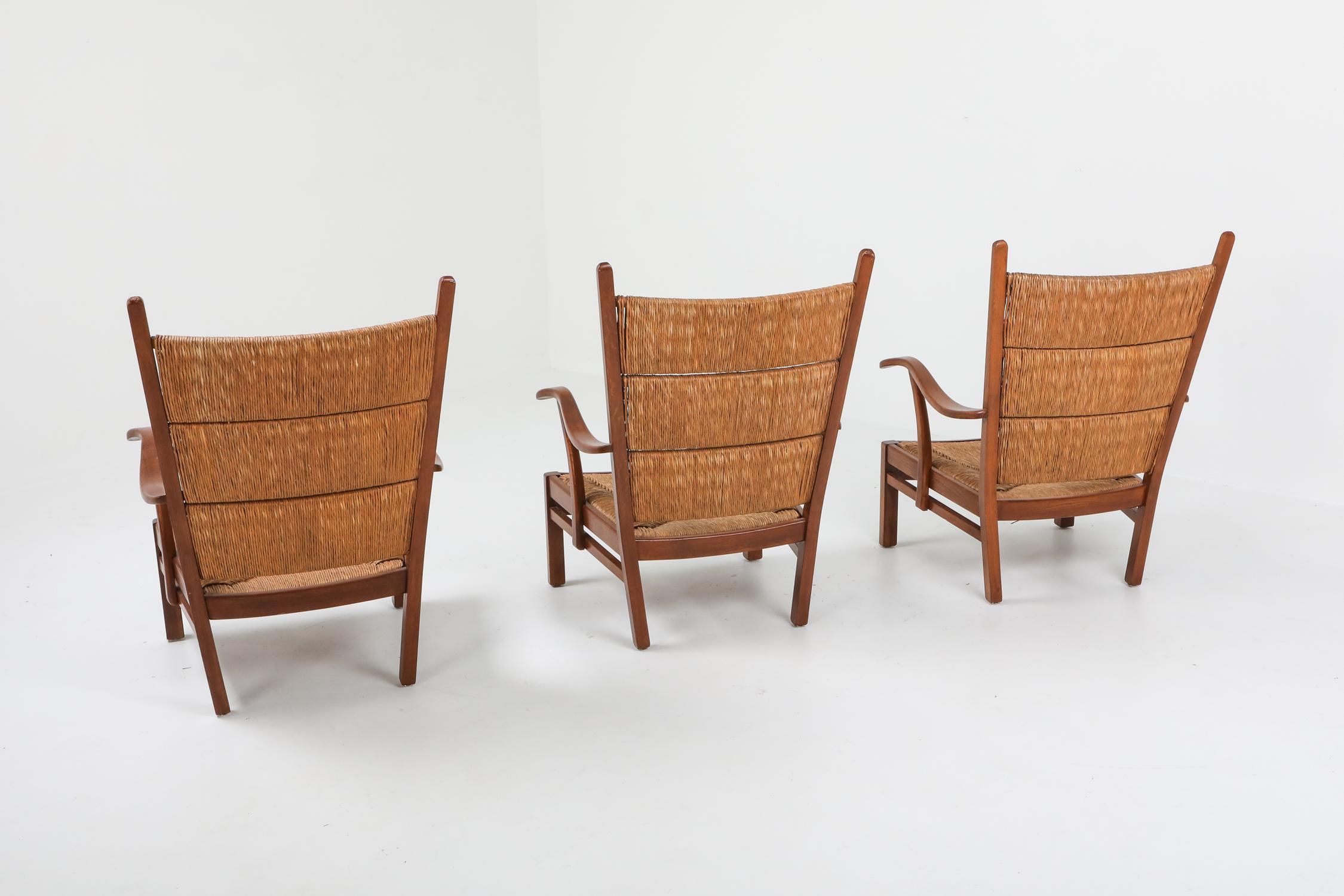 Bas Van Pelt Attributed High Back Armchairs in Oak and Straw 3