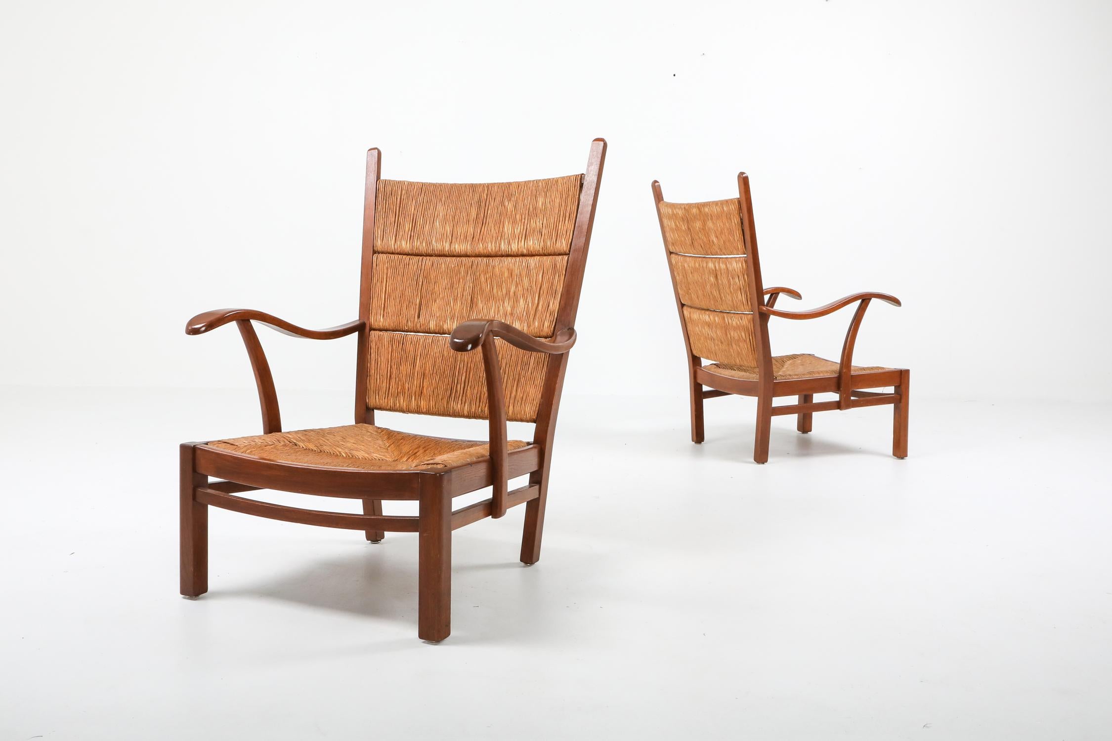 Bas Van Pelt Attributed High Back Armchairs in Oak and Straw In Excellent Condition In Antwerp, BE