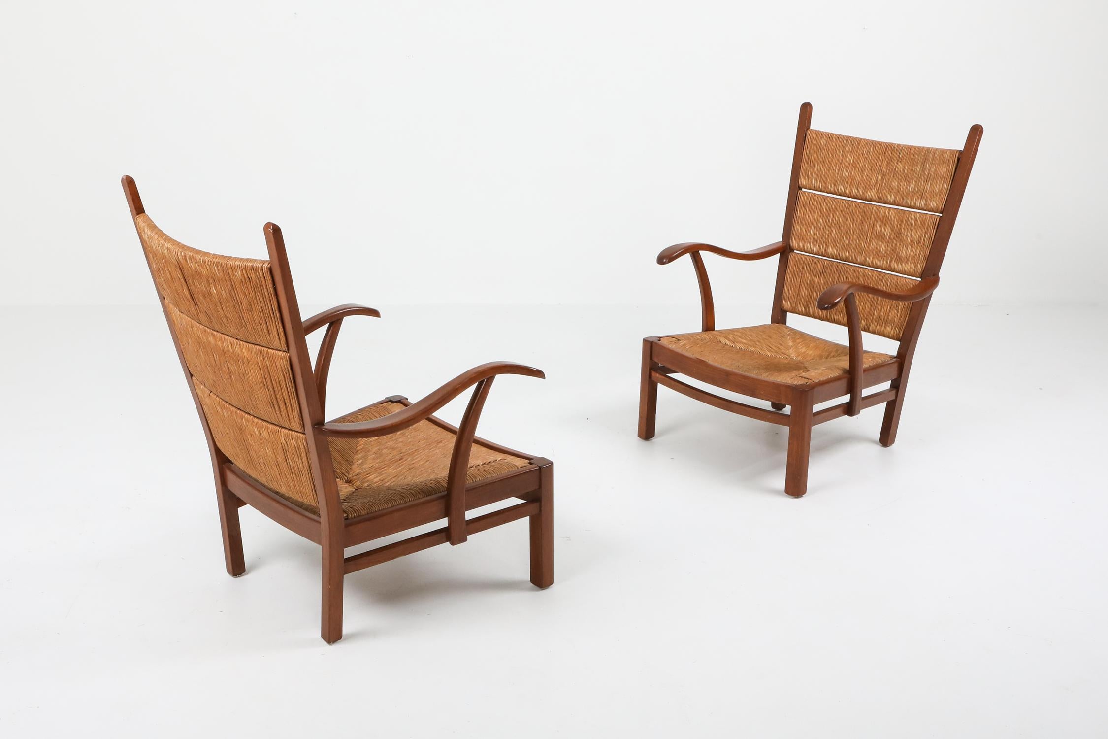 Mid-20th Century Bas Van Pelt Attributed High Back Armchairs in Oak and Straw