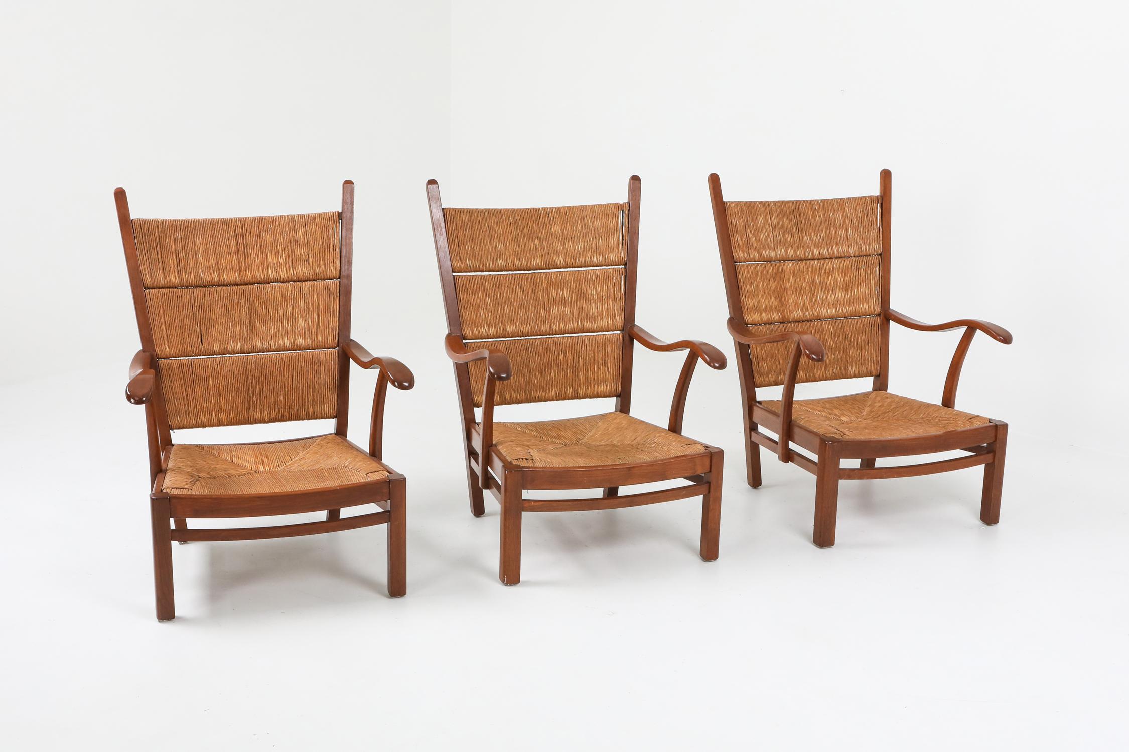 Bas Van Pelt Attributed High Back Armchairs in Oak and Straw 1