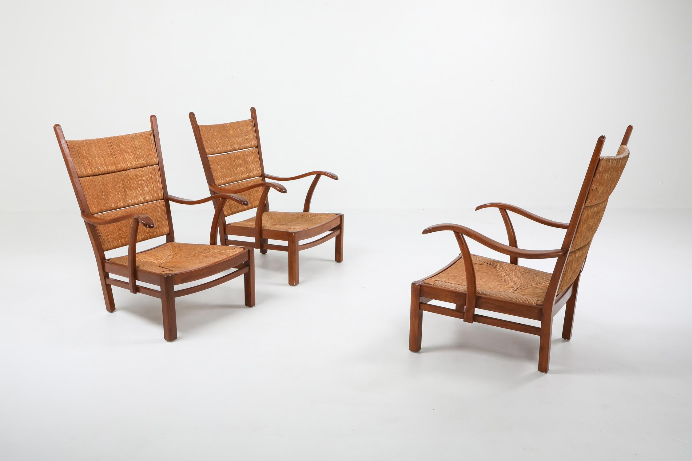 Bas Van Pelt Attributed High Back Armchairs in Oak and Straw 2