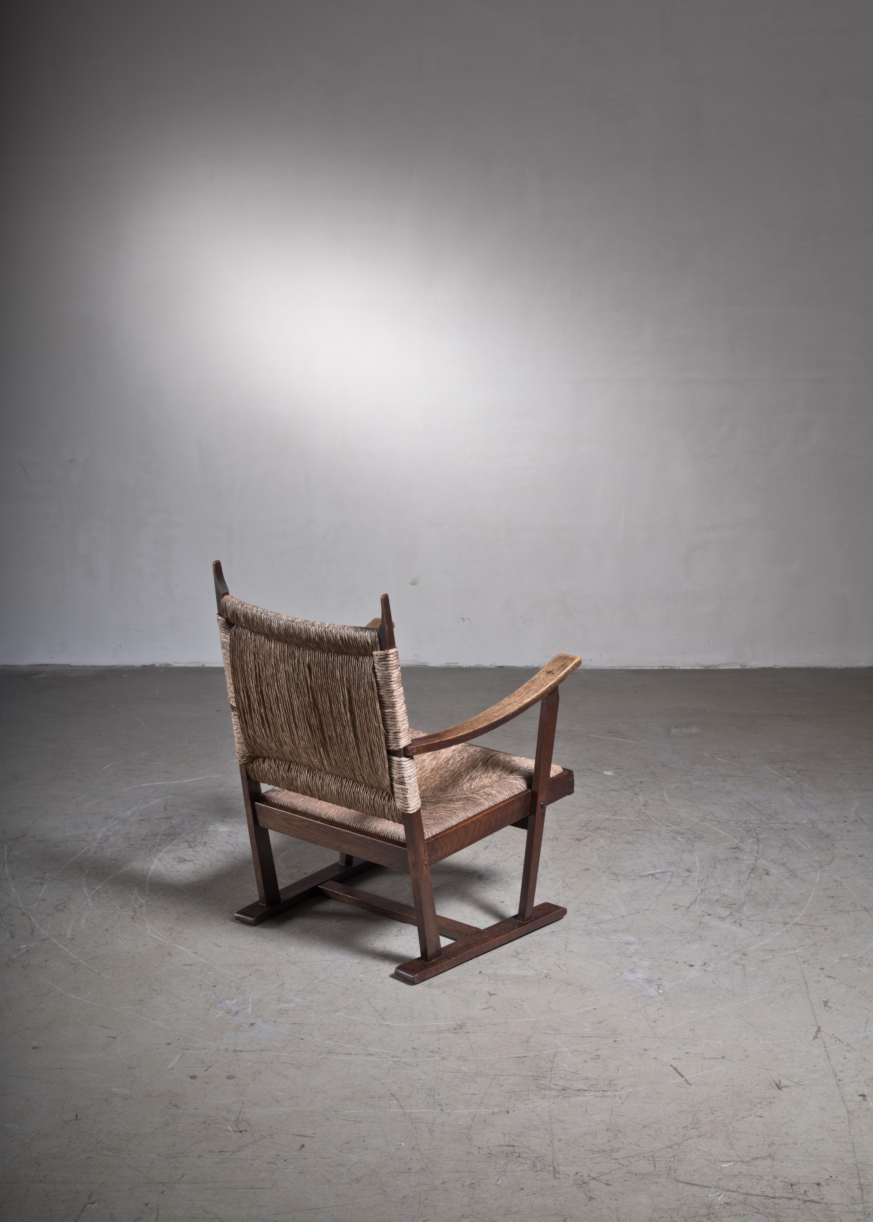 Dutch Bas Van Pelt Early Oak and Papercord Chair, Netherlands, 1920s For Sale
