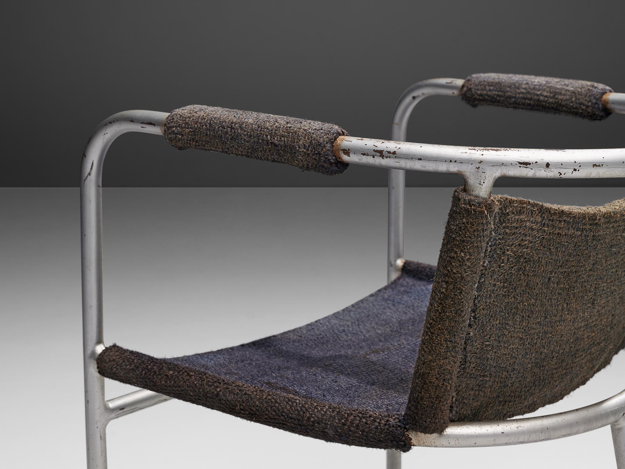 Milieu du XXe siècle Chaise Bas Van Pelt ancienne en acier tubulaire avec assise en sisal bleu et gris en vente