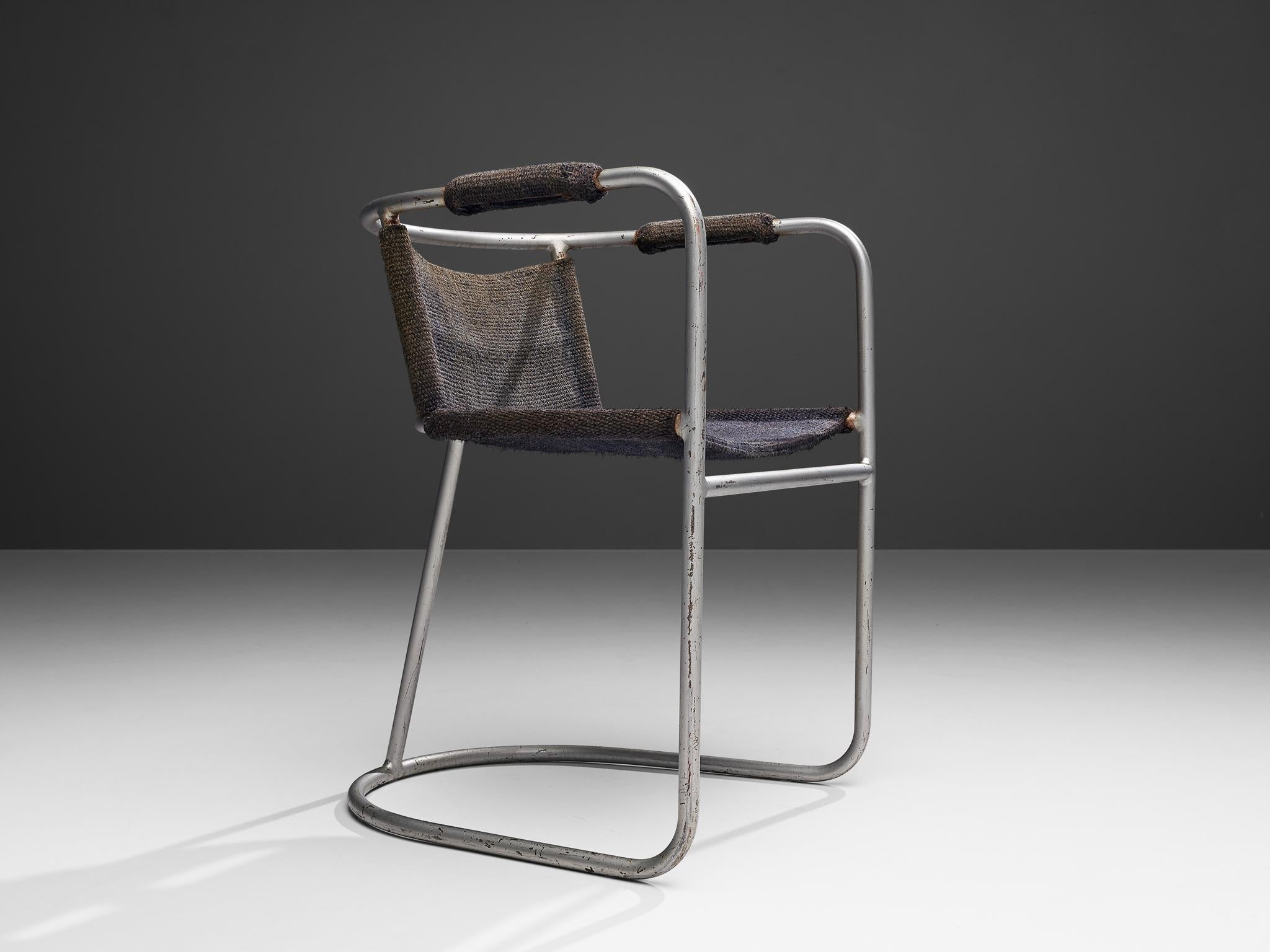 Dutch Bas Van Pelt Early Tubular Steel Chair with Blue Grey Sisal Seating For Sale