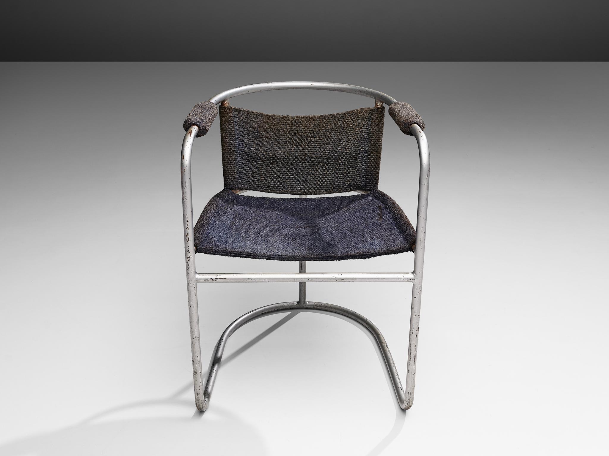 Chrome Bas Van Pelt Early Tubular Steel Chair with Blue Grey Sisal Seating For Sale