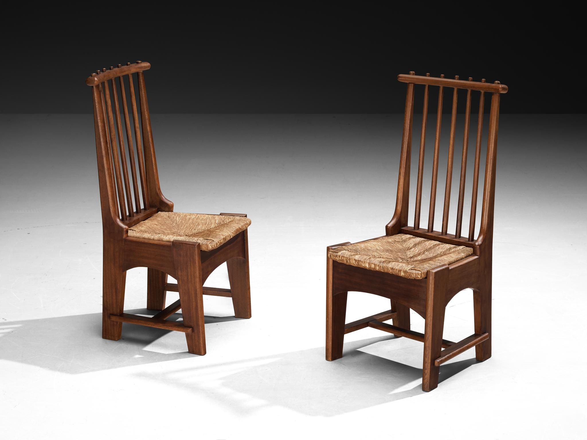 Jonc Bas Van Pelt pour My Home Paire de chaises de salle à manger en acajou et jonc en vente