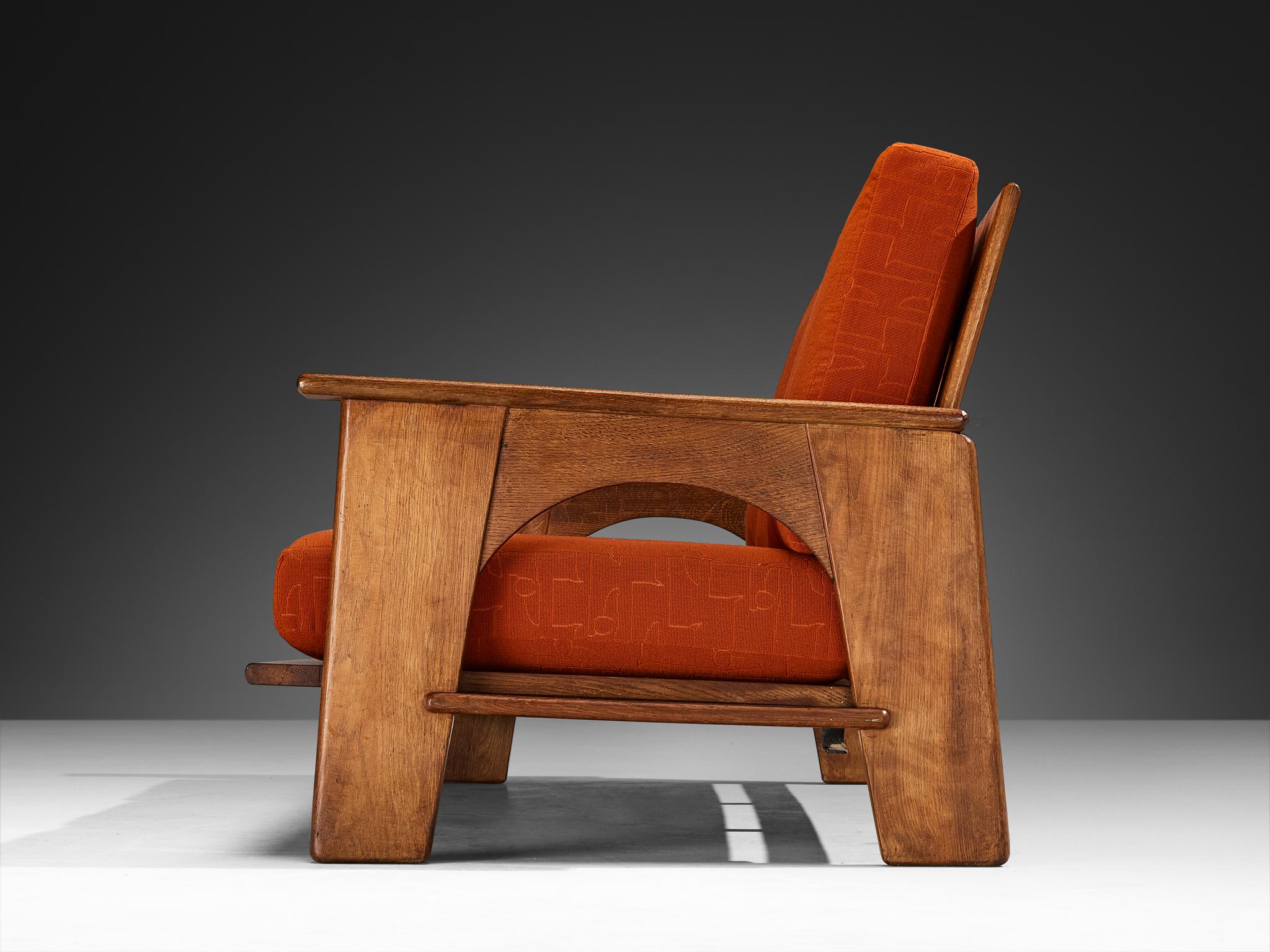 Bas Van Pelt for My Home Reclining Sofa in Oak and Red Upholstery In Good Condition For Sale In Waalwijk, NL