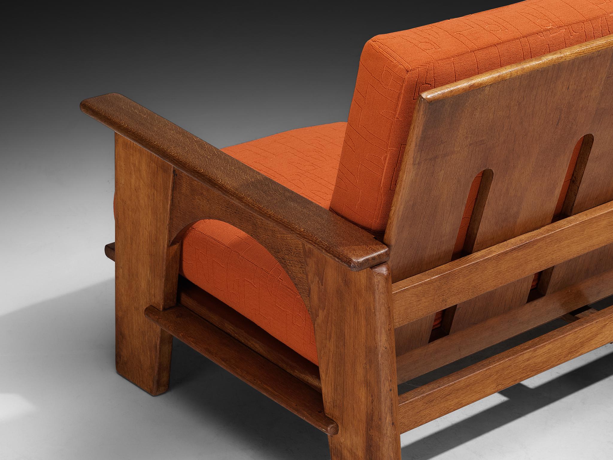 Fabric Bas Van Pelt for My Home Reclining Sofa in Oak and Red Upholstery For Sale